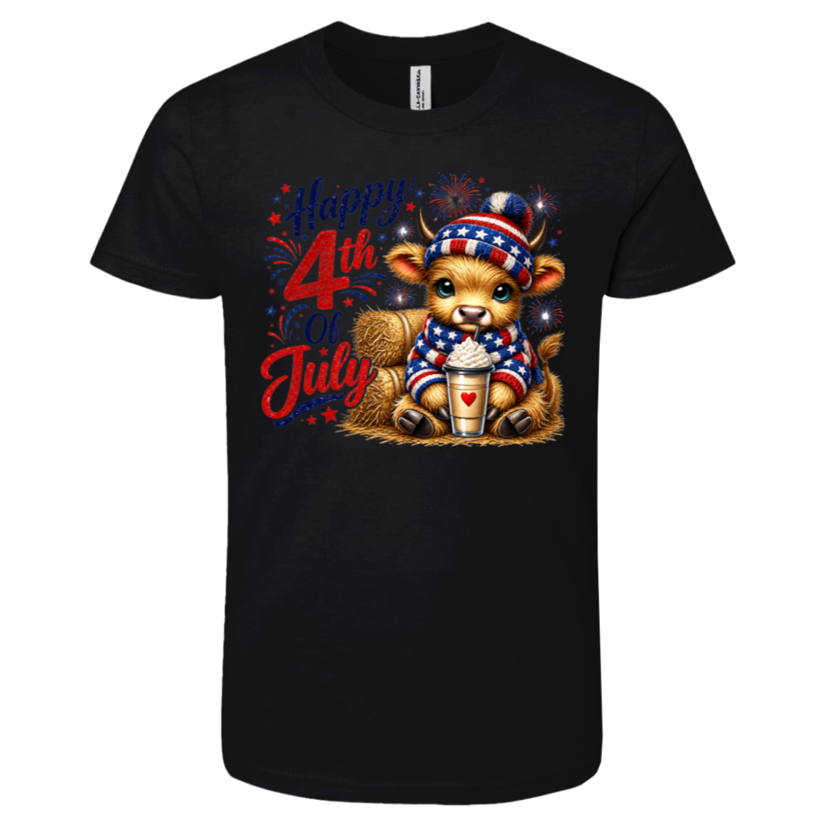 Black t-shirt with a patriotic cow wearing a patriotic hat and scarf, holding a cup, and 'Happy 4th of July' text.