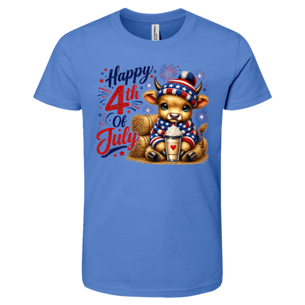 Blue t-shirt with a cow graphic and 'Happy 4th of July' text on a white background
