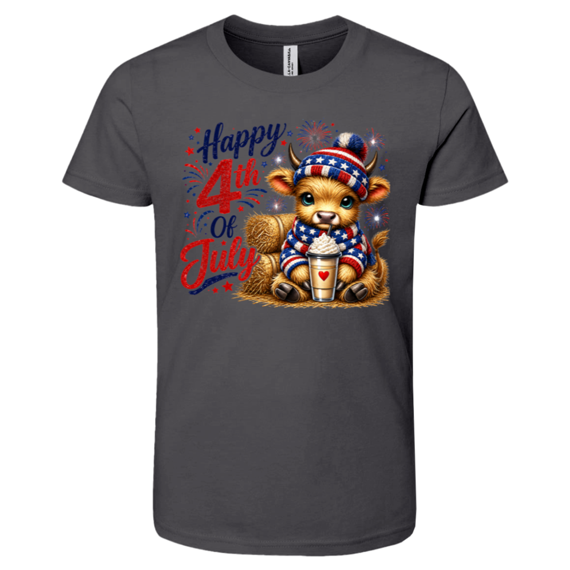 Gray t-shirt with a cow wearing a patriotic outfit and 'Happy 4th of July' text on a white background
