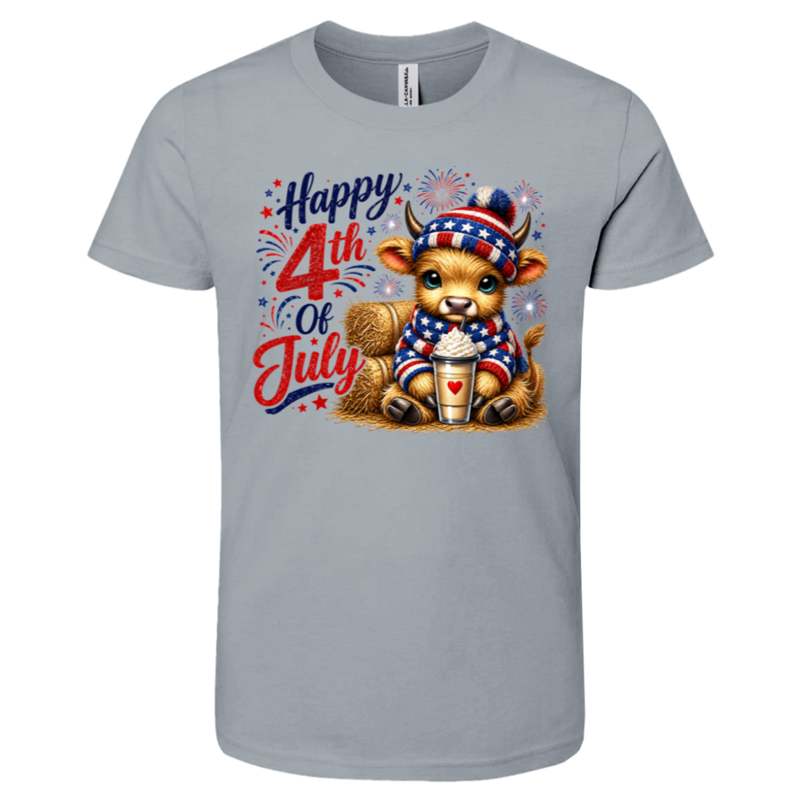 Gray t-shirt with a cow wearing a patriotic outfit and 'Happy 4th of July' text on a white background
