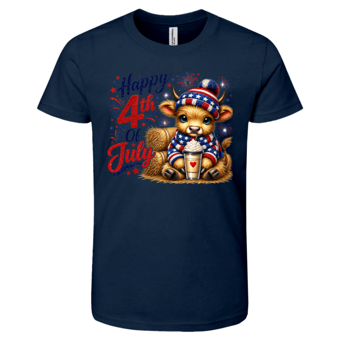 Navy blue t-shirt with a cow holding a cup and 'Happy 4th of July' text on a white background