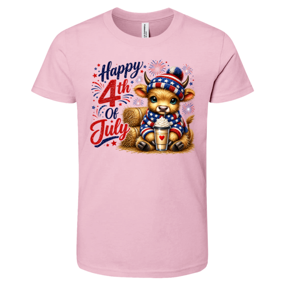 Pink t-shirt with a cow wearing a patriotic outfit and 'Happy 4th of July' text on a white background.