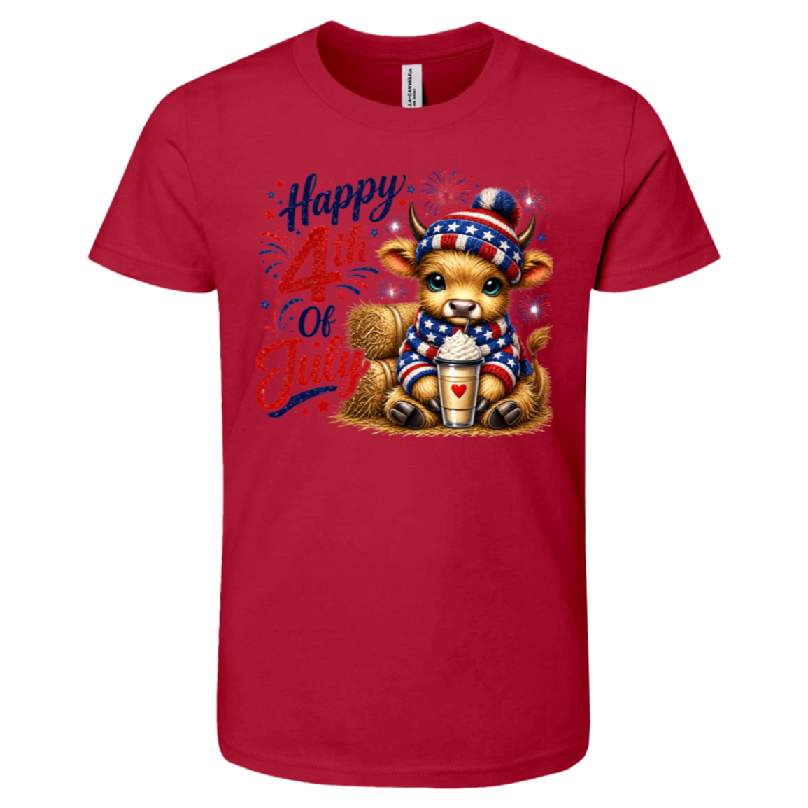 Red t-shirt with a cow wearing a patriotic outfit and 'Happy 4th of July' text on a white background.