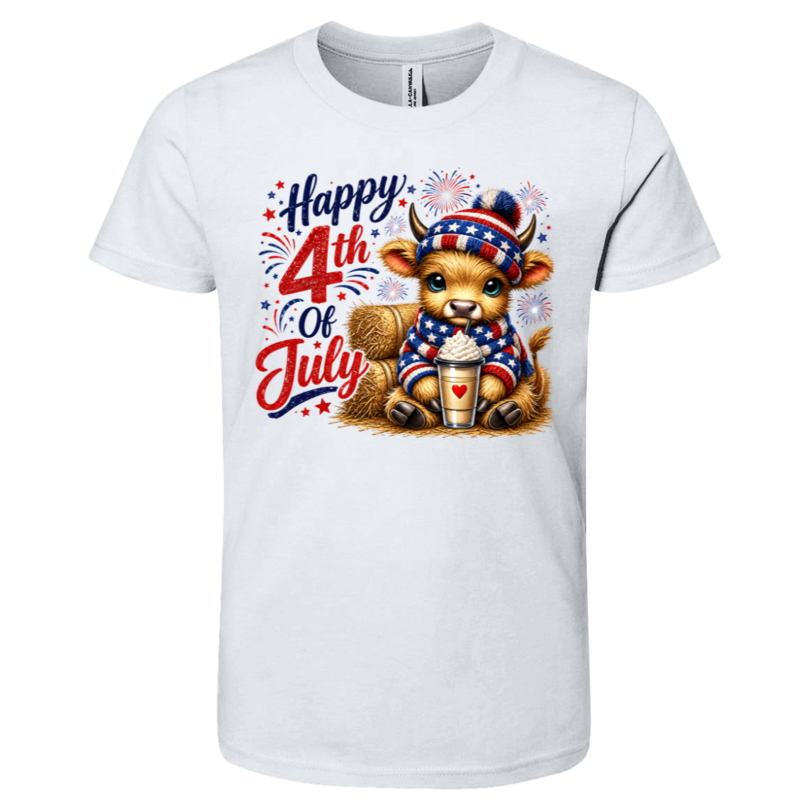 White t-shirt with a cow wearing a patriotic hat and scarf, holding a cup, and 'Happy 4th of July' text on a white background.