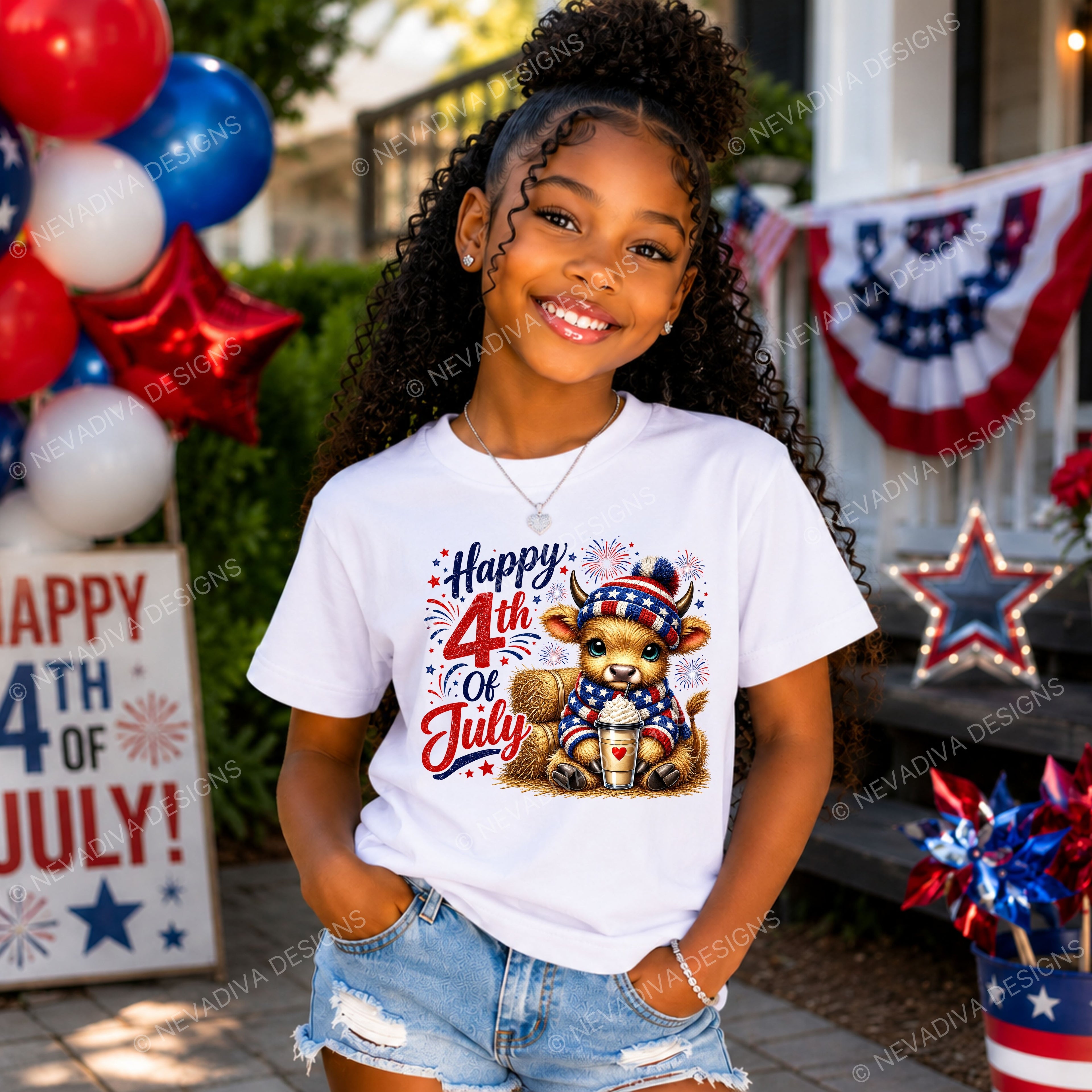 Young girl wearing a 'Happy 4th of July' t-shirt with a patriotic cow graphic, standing in front of decorations