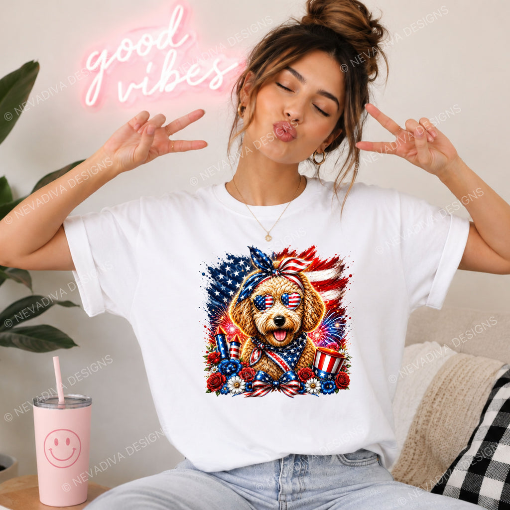 girl wearing a shirt with a Patriotic pup celebrating the 4th wearing a flag scarf and cool USA shades holding up the piece sign with both hands