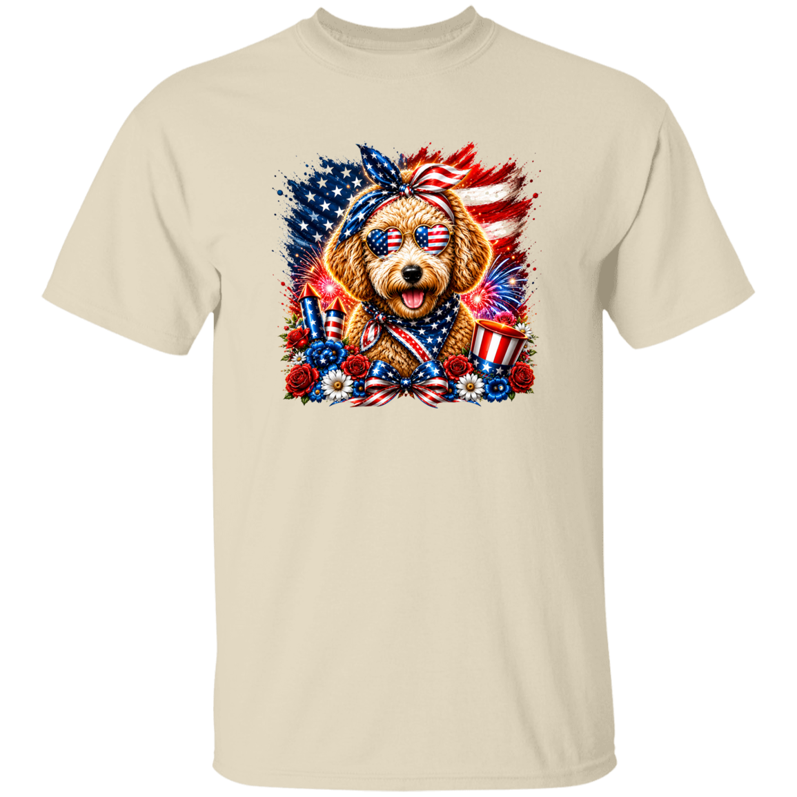  t-shirt with a dog wearing American flag accessories on a white background