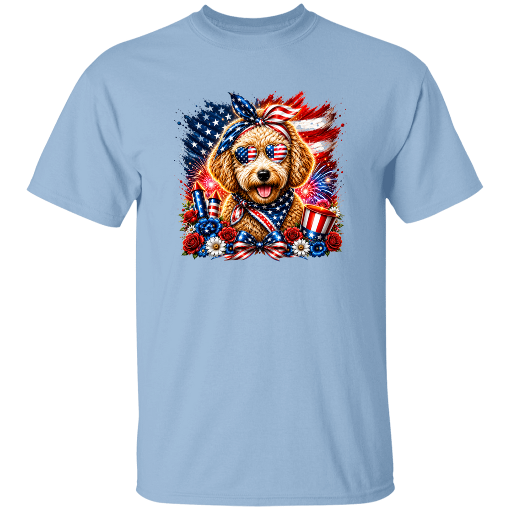 Light blue t-shirt with a dog wearing American flag accessories on a white background