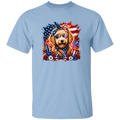 Light blue t-shirt with a dog wearing American flag accessories on a white background