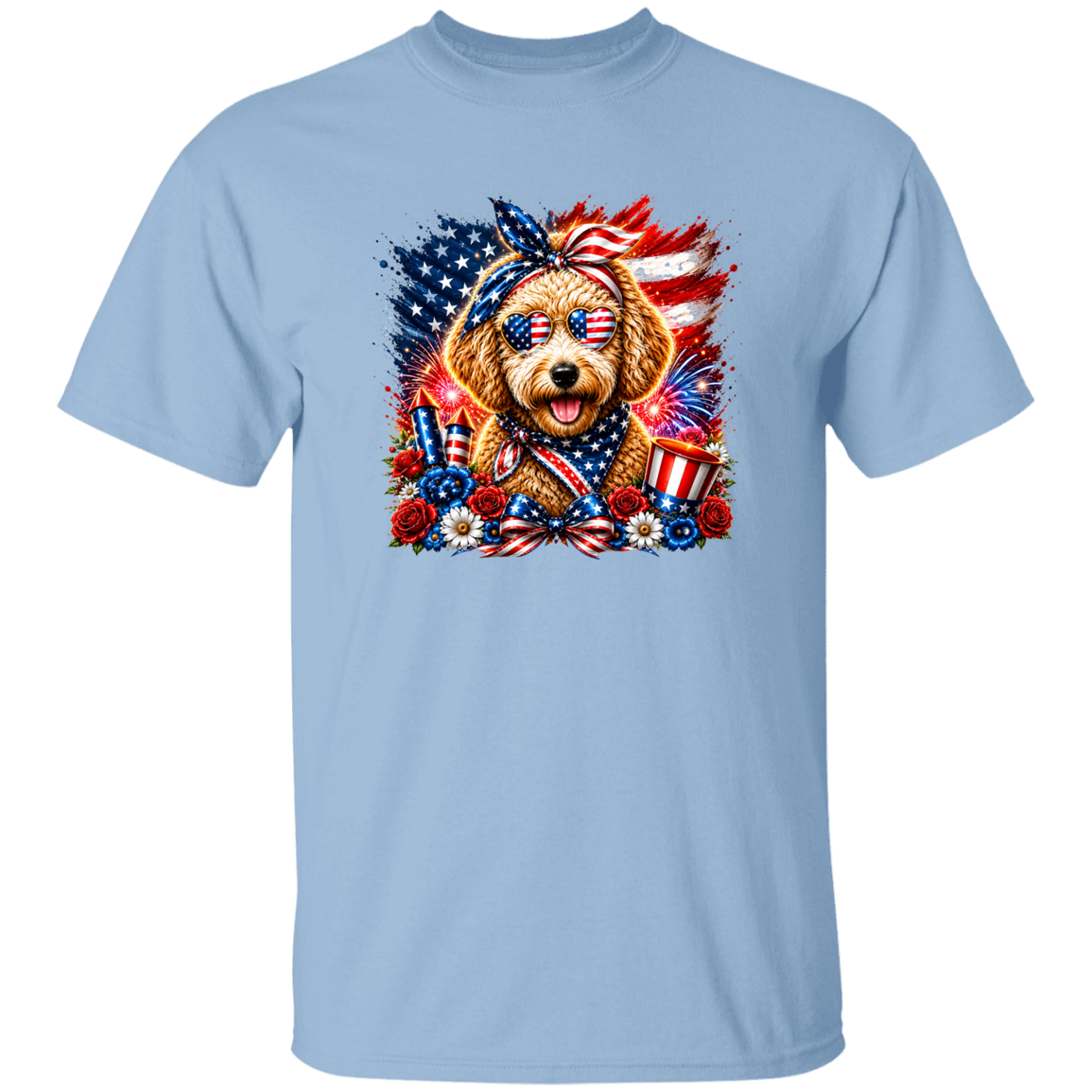 Light blue t-shirt with a dog wearing American flag accessories on a white background