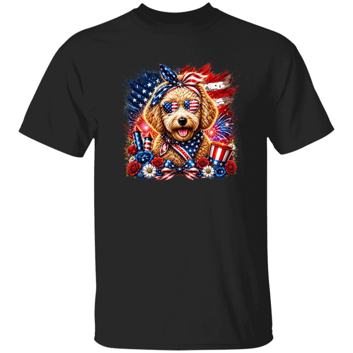 Black t-shirt with a dog graphic featuring American flags and flowers on a white background