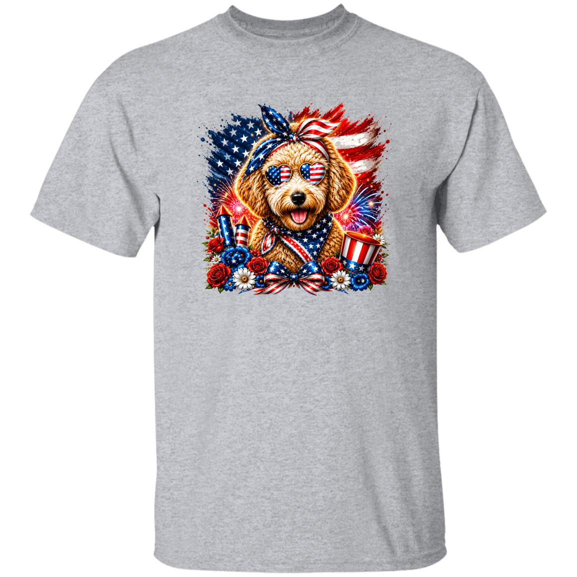 Gray t-shirt with a dog graphic featuring American flags and flowers on a white background