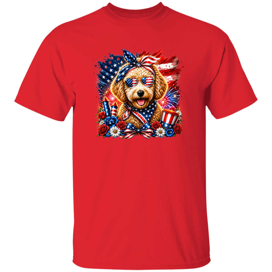 Red t-shirt with a dog wearing sunglasses and American flag accessories on a white background