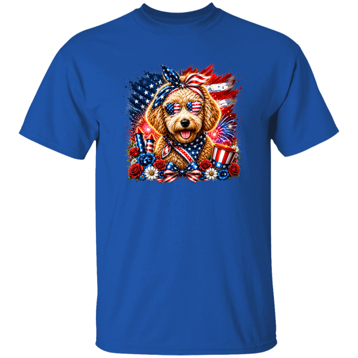 Blue t-shirt with a dog wearing an American flag-themed headband on a white background