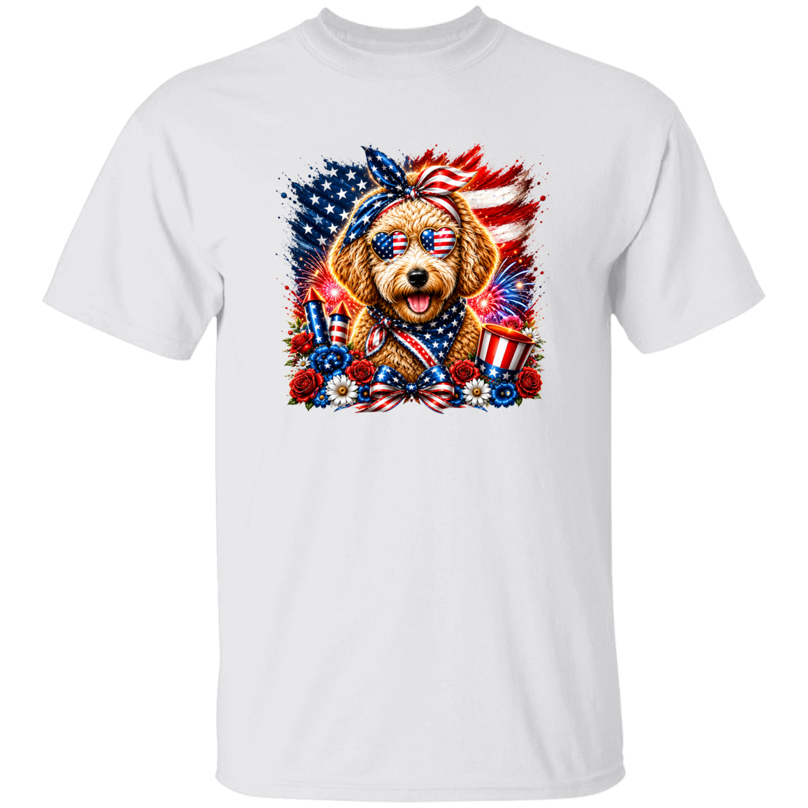 white t - shirt with a pup celebrating the 4th 4th on a white background