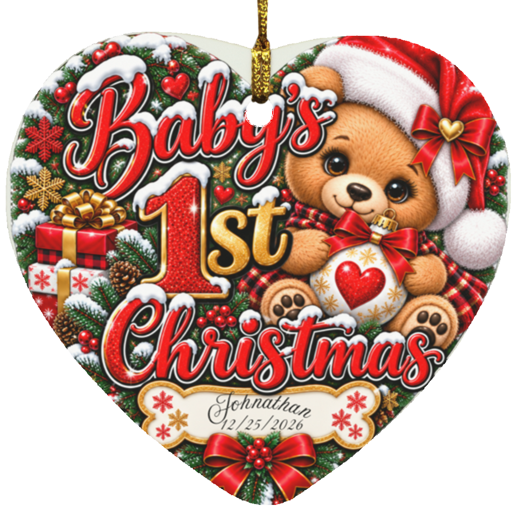 Heart-shaped Christmas ornament featuring a teddy bear wearing a Santa hat, with the text 'Baby's 1st Christmas' and a personalized name and date at the bottom. The design includes red lettering, snow, pine branches, gifts, and plaid accents on a white background.