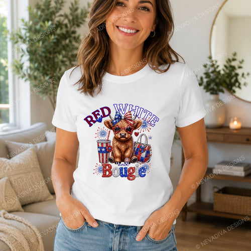 Woman wearing a white t-shirt with a bear graphic and text in a living room.