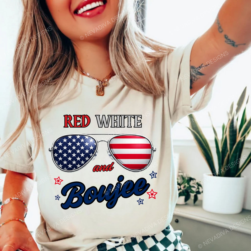 Person wearing a t-shirt with American flag sunglasses and 'Red White and Boujee' text.