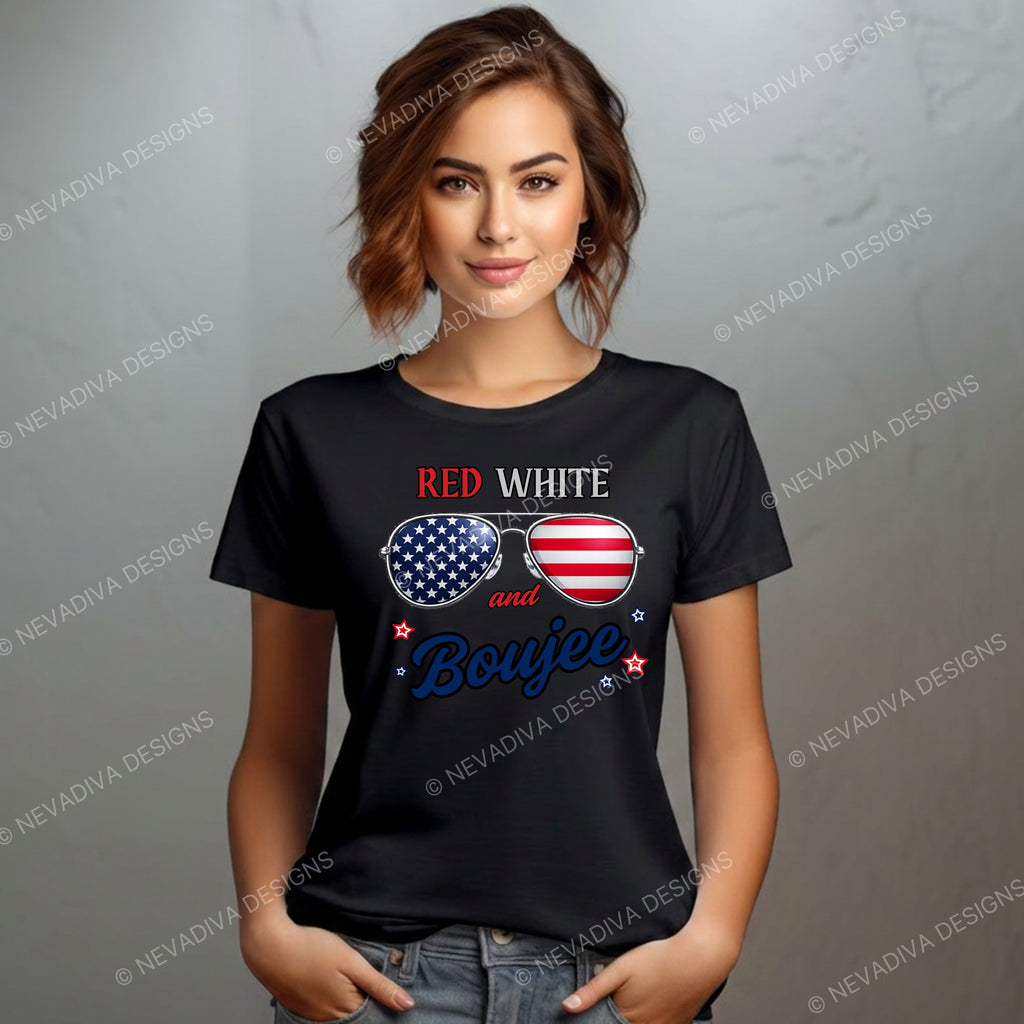 Woman wearing a black t-shirt with American flag sunglasses design on a gray background