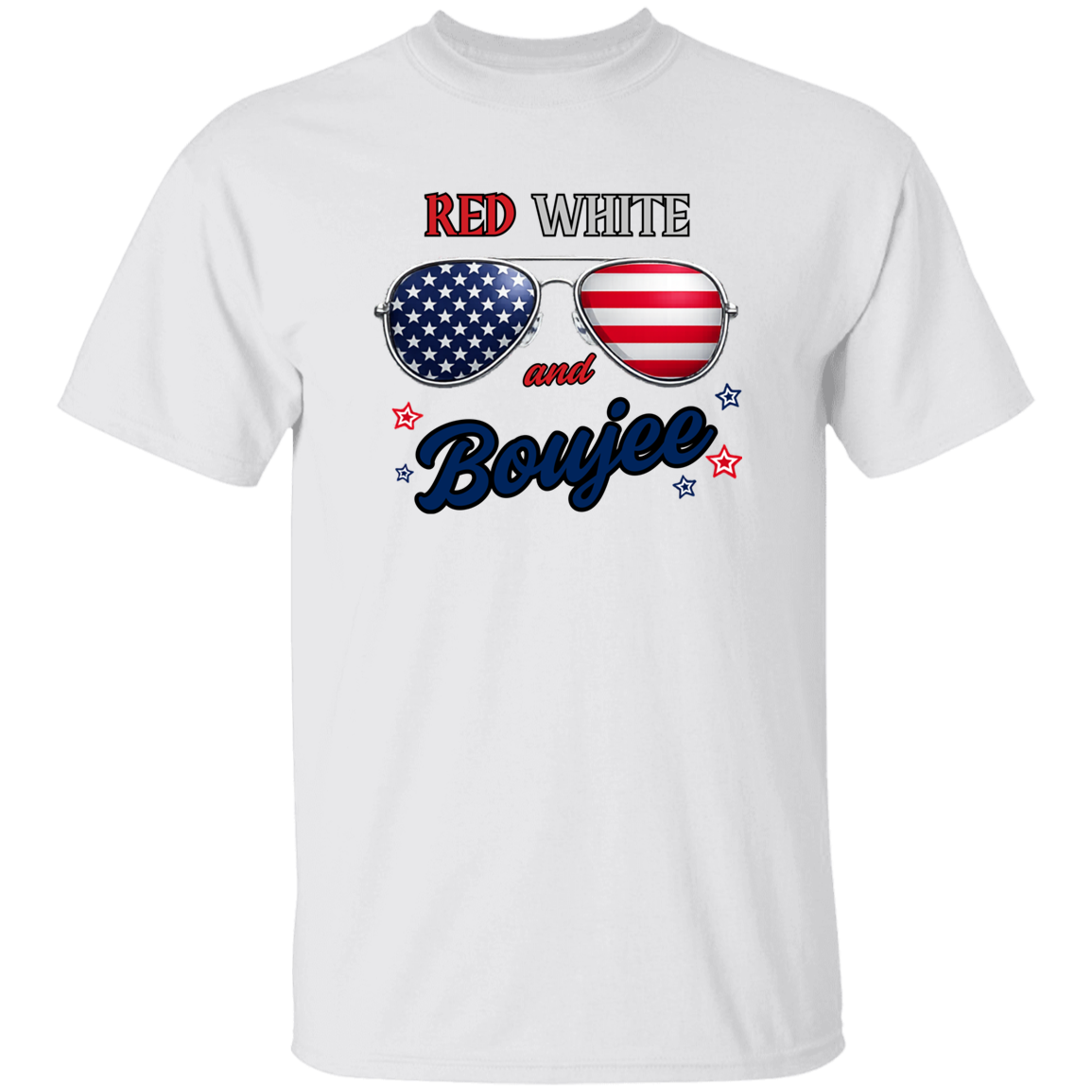 White t-shirt with American flag sunglasses and 'Red White and Boujee' text on a white background
