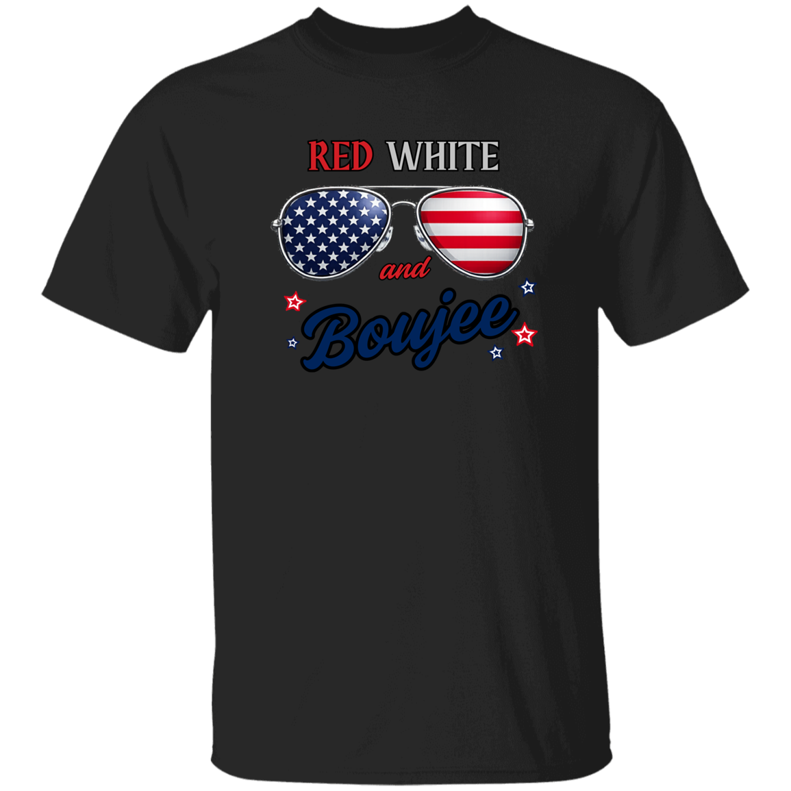 Black t-shirt with American flag sunglasses and 'Red White and Boujee' text on a white background