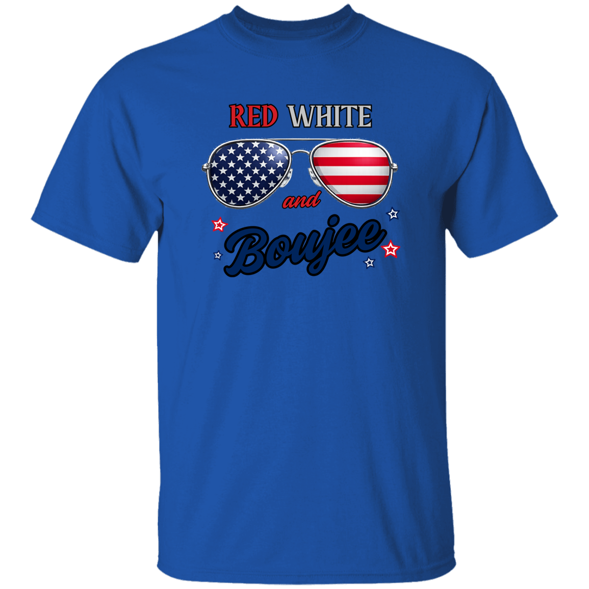 Blue t-shirt with American flag sunglasses graphic and text on a white background