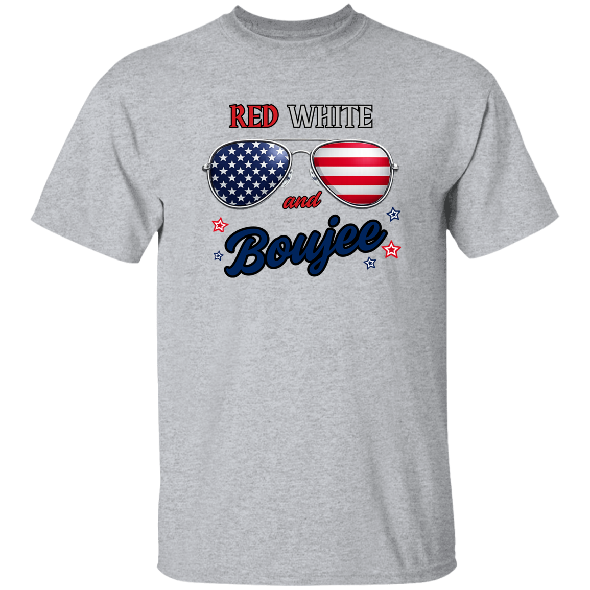 Gray t-shirt with American flag sunglasses and 'Red White and Boujee' text on a white background