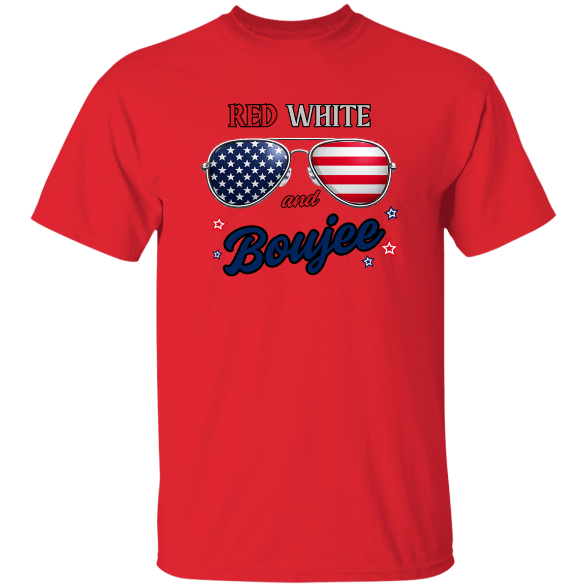 Red t-shirt with American flag sunglasses and 'Red White and Boujee' text on a white background