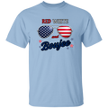 Light blue t-shirt with American flag sunglasses and 'Red White and Boujee' text on a white background