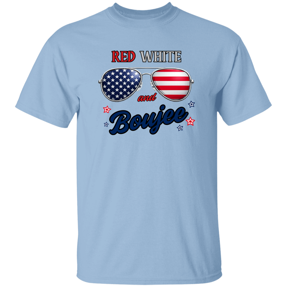 Light blue t-shirt with American flag sunglasses and 'Red White and Boujee' text on a white background