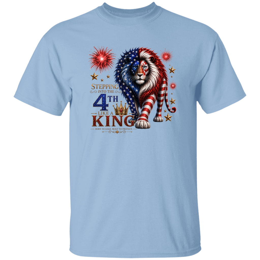 Light blue t-shirt with a lion design featuring American flag colors and text on a white background