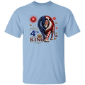 Light blue t-shirt with a lion design featuring American flag colors and text on a white background