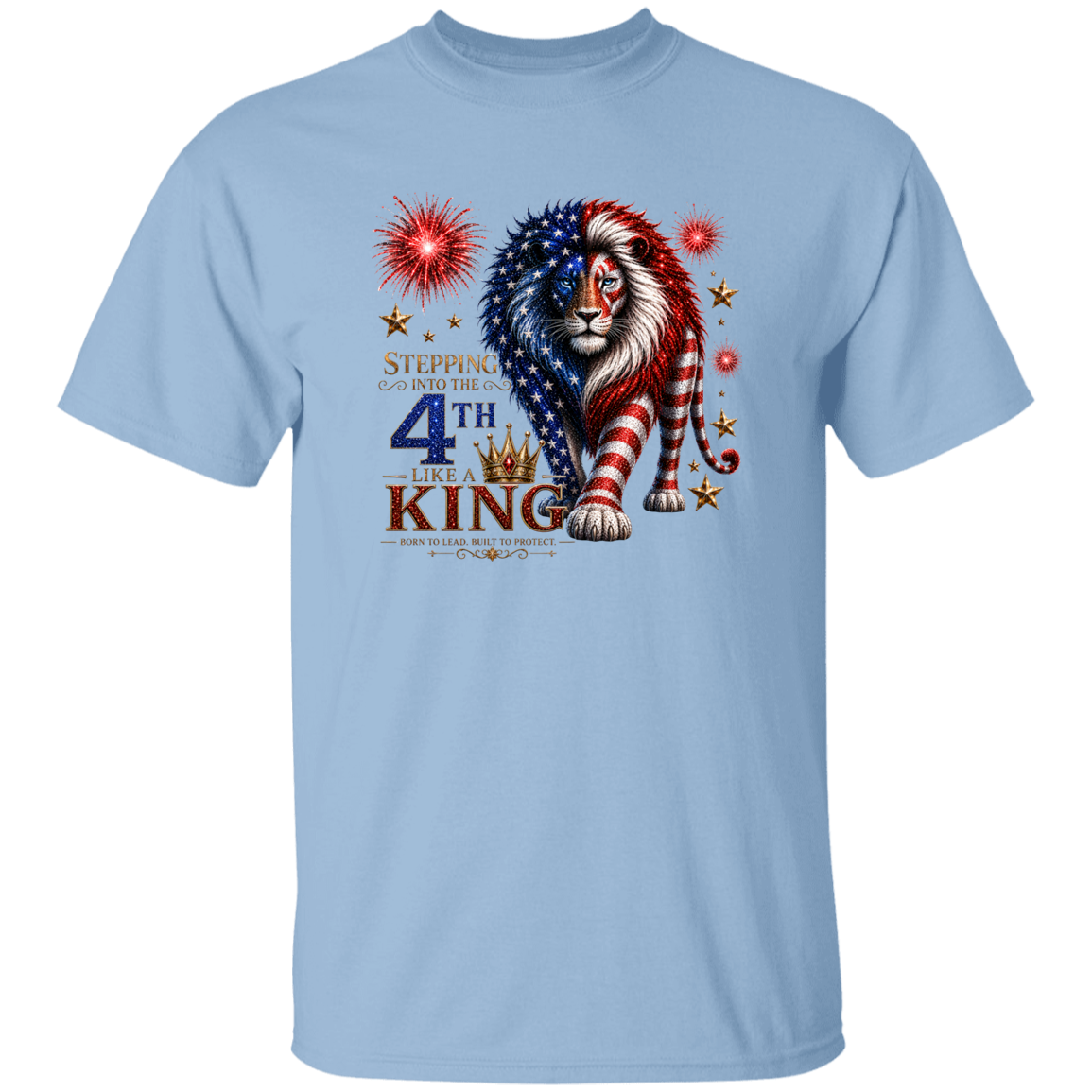 Light blue t-shirt with a lion design featuring American flag colors and text on a white background