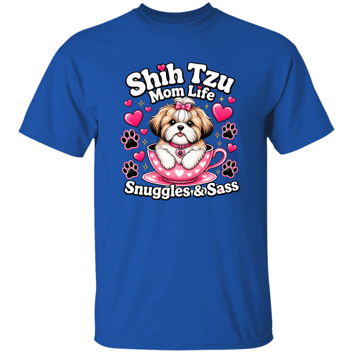 A royal blue shirt saying Shih Tzu Mom Life Snuggles & Sass with a pup in a cup.