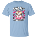 A light blue t shirt saying Shih Tzu Mom Life Snuggle & Sass on a white background