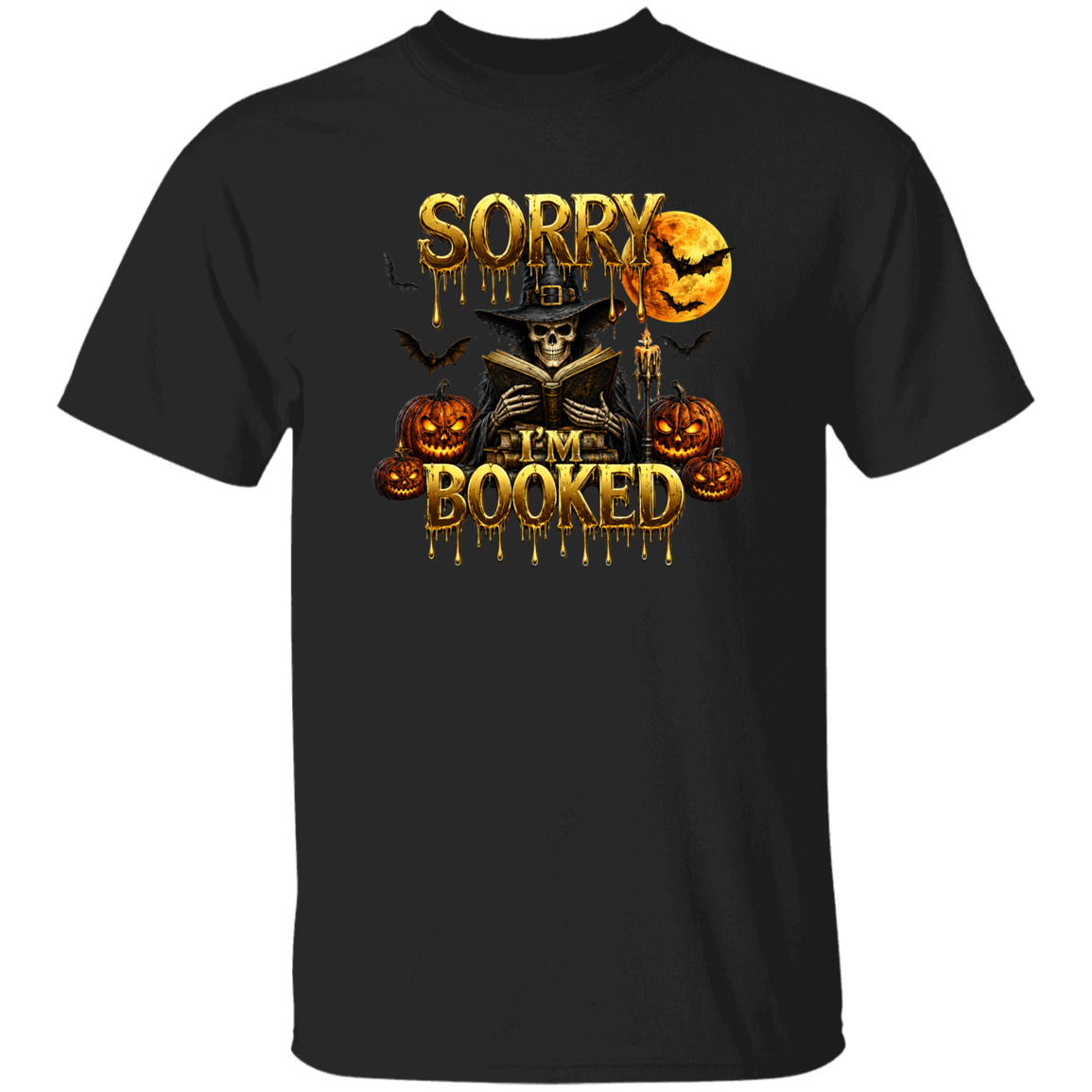 A man wearing a T-shirt with a text SORRY I'M BOOKED with a scary man next to pumpkins and bats flying