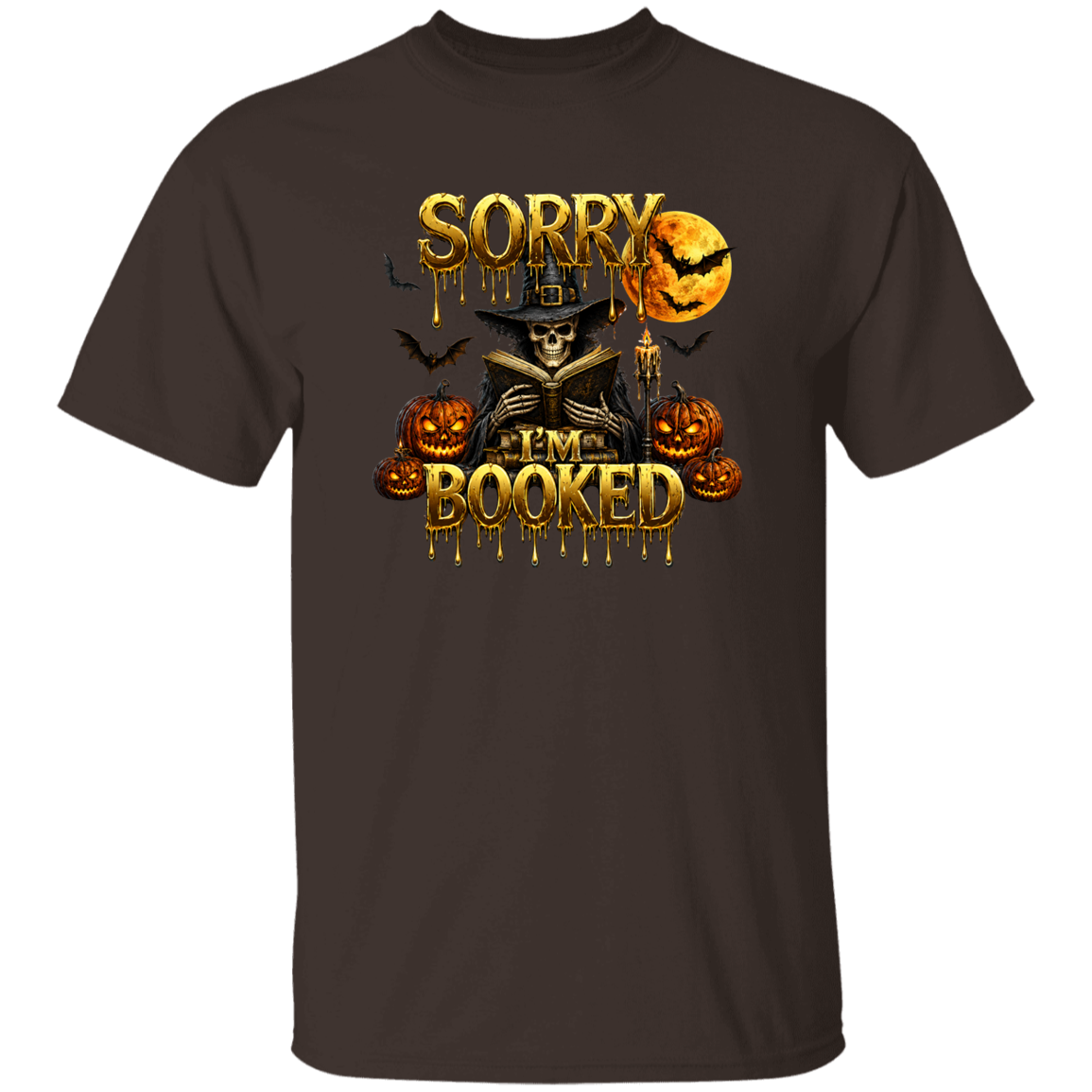 A man wearing a T-shirt with a text SORRY I'M BOOKED with a scary man next to pumpkins and bats flying
