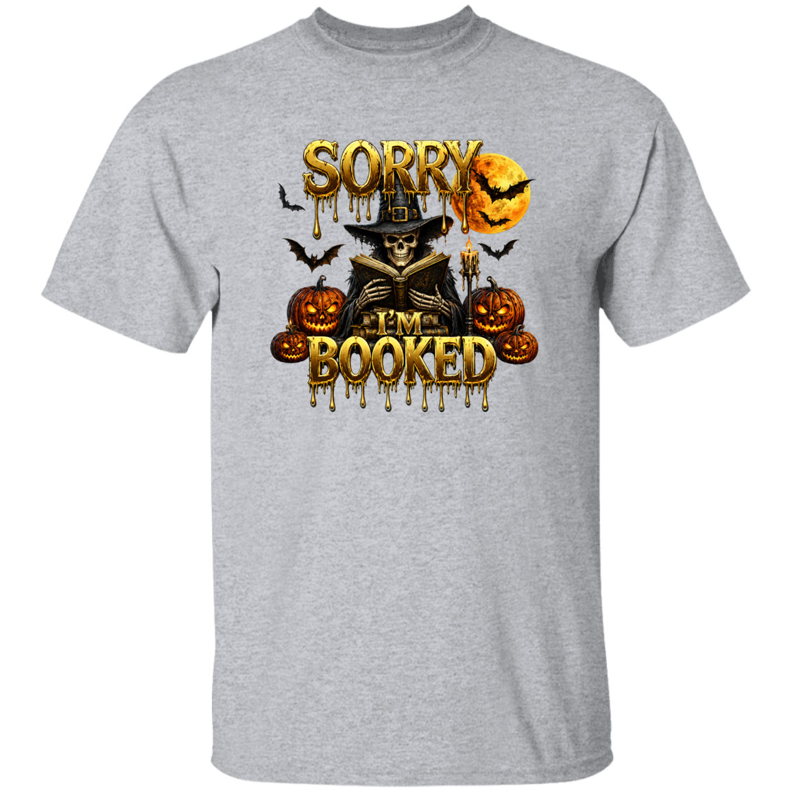 A man wearing a T-shirt with a text SORRY I'M BOOKED with a scary man next to pumpkins and bats flying