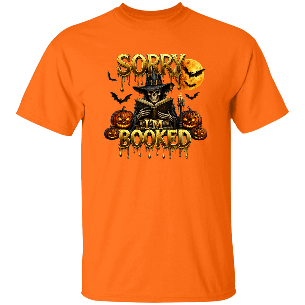 A man wearing a T-shirt with a text SORRY I'M BOOKED with a scary man next to pumpkins and bats flying