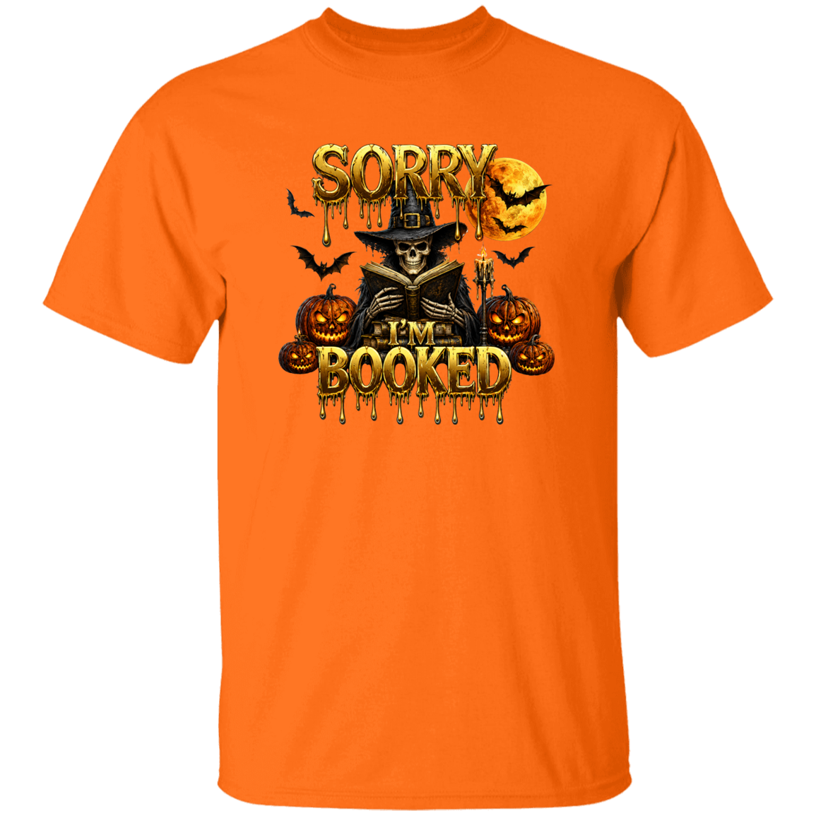 A man wearing a T-shirt with a text SORRY I'M BOOKED with a scary man next to pumpkins and bats flying
