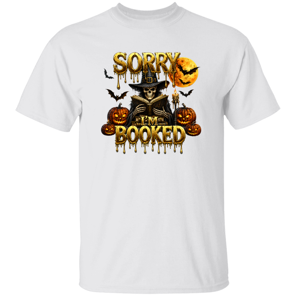 A man wearing a T-shirt with a text SORRY I'M BOOKED with a scary man next to pumpkins and bats flying