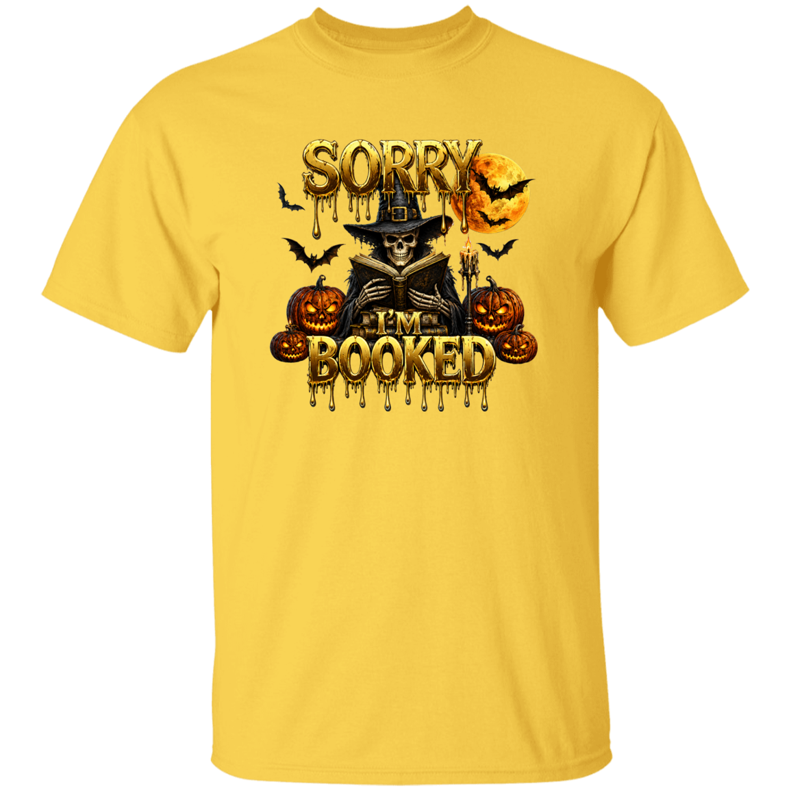 A man wearing a T-shirt with a text SORRY I'M BOOKED with a scary man next to pumpkins and bats flying