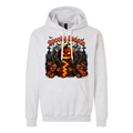 A light heather gray pullover hoodie featuring a large, colorful Halloween graphic on the chest with jack-o'-lanterns, tombstones, bats, and the text 'Spooky Season'.
