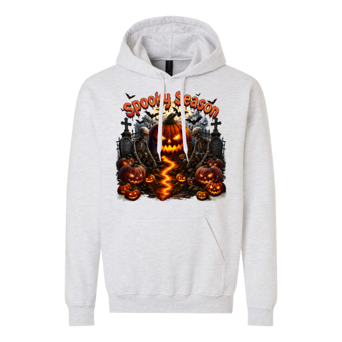 A light heather gray pullover hoodie featuring a large, colorful Halloween graphic on the chest with jack-o'-lanterns, tombstones, bats, and the text 'Spooky Season'.