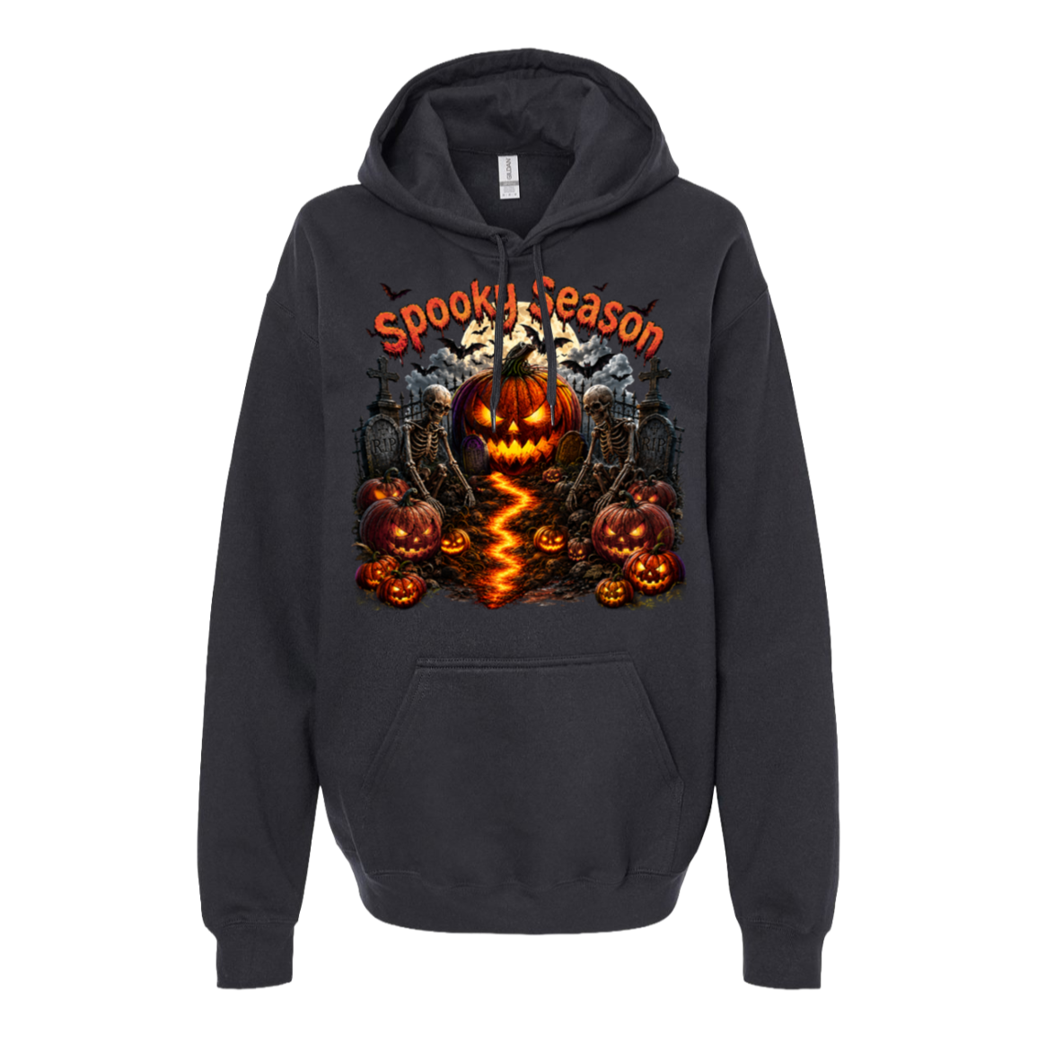 A dark gray pullover hoodie featuring a large Halloween graphic on the chest with jack-o'-lanterns, tombstones, a full moon, and the text 'Spooky Season' in orange.