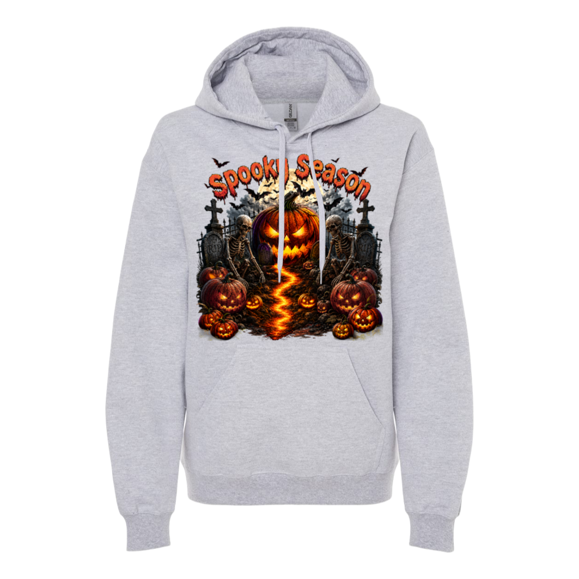 A light heather gray pullover hoodie featuring a large, colorful 'Spooky Season' Halloween graphic on the chest, including jack-o'-lanterns, tombstones, bats, and a lightning bolt, shown against a plain white background.