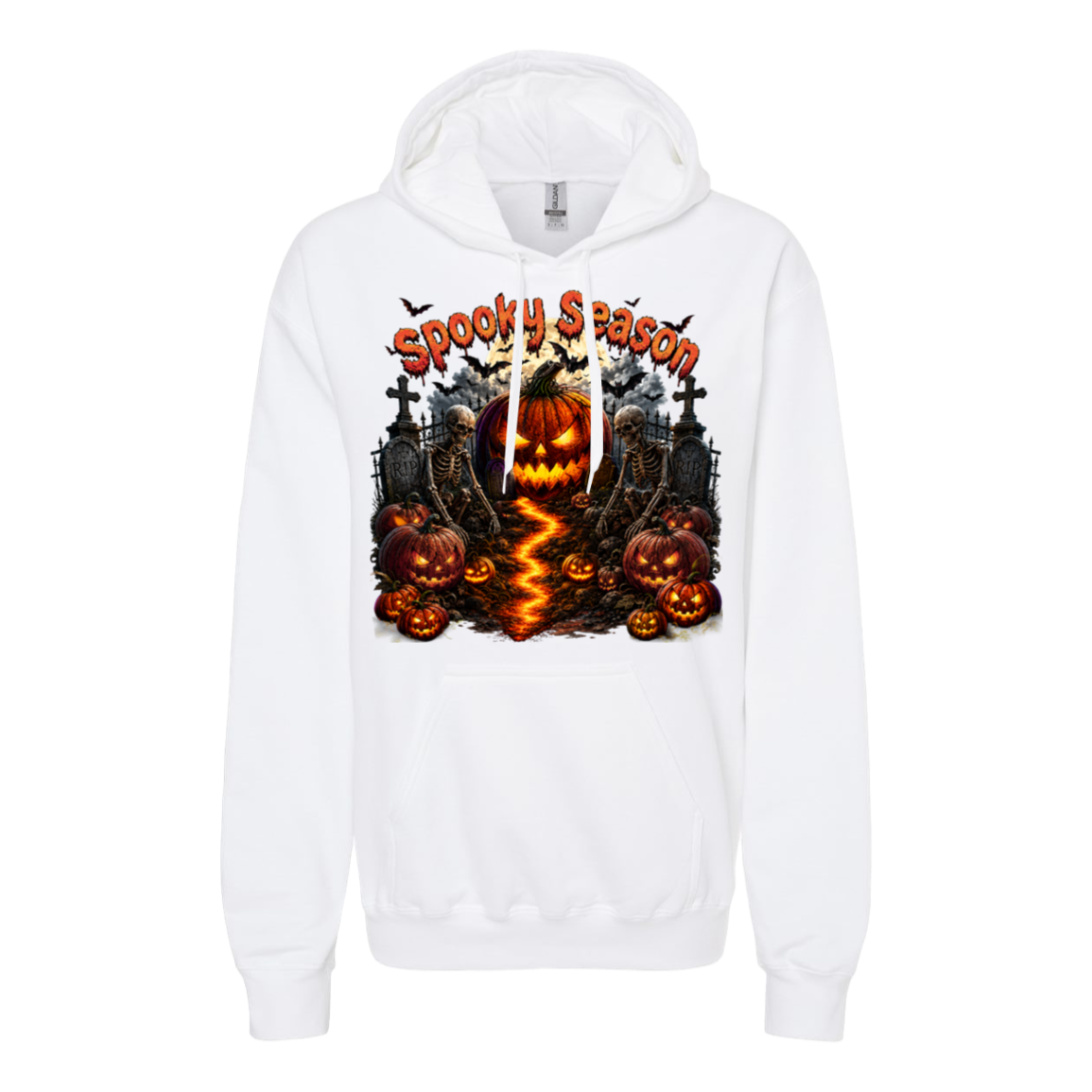 A white pullover hoodie featuring a large, colorful Halloween graphic on the chest with jack-o'-lanterns, tombstones, bats, and the text 'Spooky Season'.