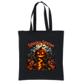A black canvas tote bag with long black handles, featuring a Halloween graphic print on the front. The design includes the text 'Spooky Season' in orange, a glowing jack-o'-lantern pumpkin, smaller pumpkins, tombstones, bats, and a winding orange flame-like path.