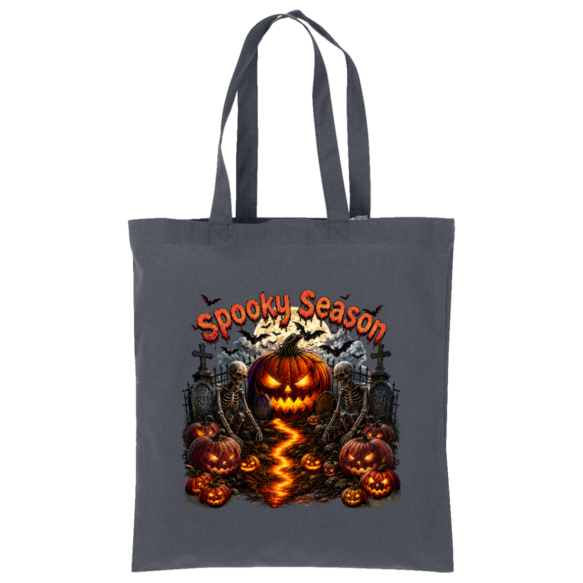 A dark gray canvas tote bag with a 'Spooky Season' Halloween graphic print featuring a jack-o'-lantern, skeletons, tombstones, and pumpkins on a white background.