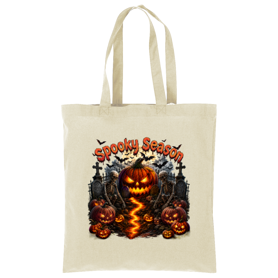 A natural canvas tote bag featuring a 'Spooky Season' Halloween graphic with a glowing jack-o'-lantern, smaller pumpkins, tombstones, bats, and a lightning strike, shown on a plain white background.